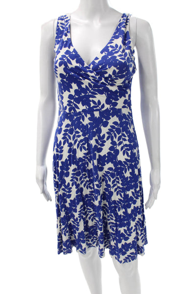 Boden Womens Fit & Flare Blue Floral V-Neck Sleeveless Knee Dress Size