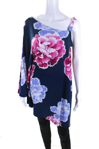 Natori Womens Floral Print One Shoulder Blouse Blue Size L