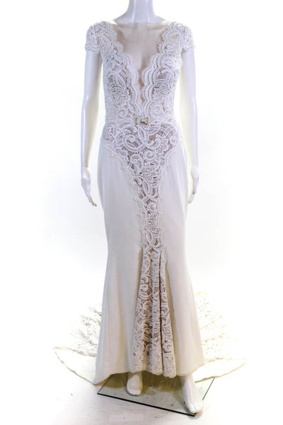 Berta Womens Illusion Neckline Lace Beaded Mermaid Wedding Dress White Size 42