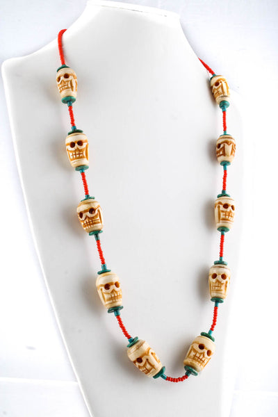 Designer Womens Turquoise Coral Carved Resin Skull Beaded Necklace