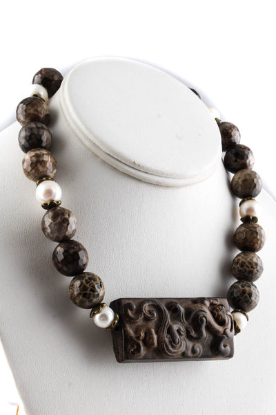 Designer Womens Brass Tone Pearl Carved Agate Beaded Cord Necklace