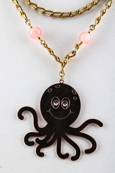 Le Collane Di Guiliana Gold Tone Pink Resin Octopus Seahorse Beaded Necklace