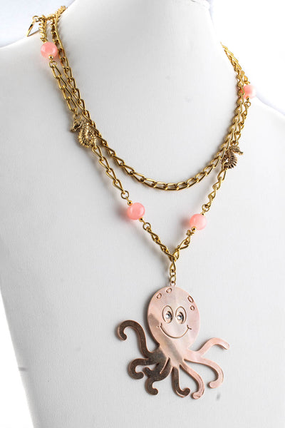 Le Collane Di Guiliana Gold Tone Pink Resin Octopus Seahorse Beaded Necklace