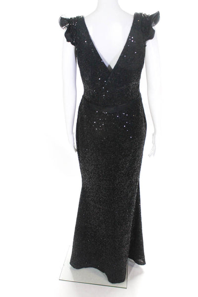 Tony Ward  Womens Sequin Beaded Pleated V Neck Gown Black Size 44