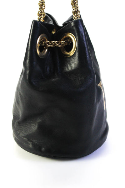 Delphine Delafon Womens Foil Initial Black Leather Bucket Crossbody Handbag