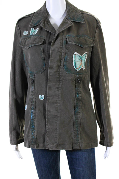 Bebe Womens Glitter Butterfly Canvas Button Up Jacket Green Size Small