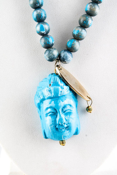 Vanita Rosa Womens Carved Wood Beaded Fringe Buddha Pendant Necklace Blue