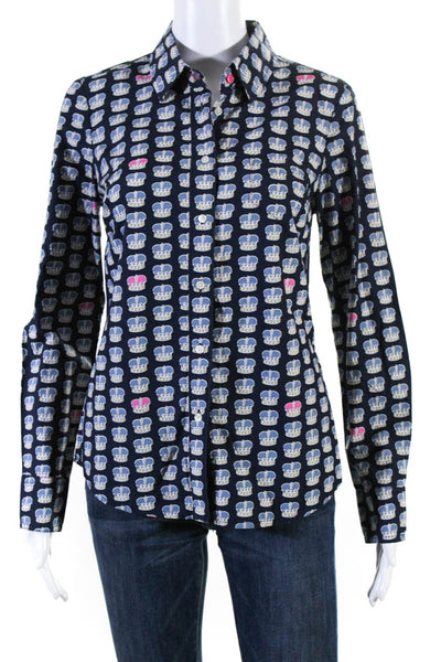 Boden Womens Crown Print Button Down Shirt Navy Blue White Size 4 R