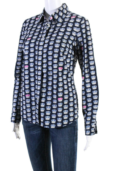 Boden Womens Crown Print Button Down Shirt Navy Blue White Size 4 R