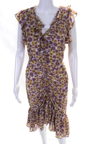 Wayf Womens Floral Ruched Ruflle V-Neck Dress Pink White Orange Size S