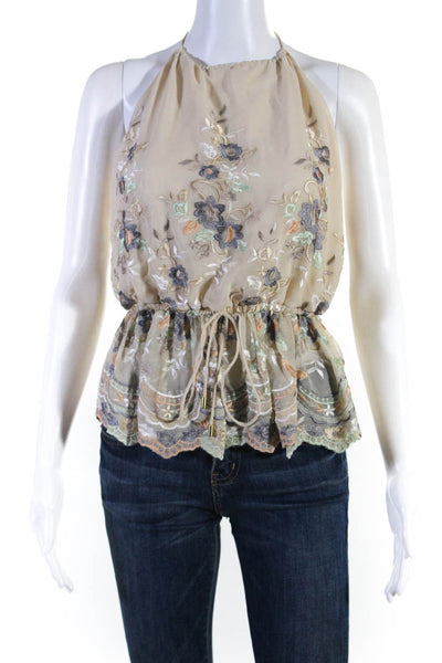 Zimmermann Womens Open Back Floral Embroidered Halter Top White Silk Size