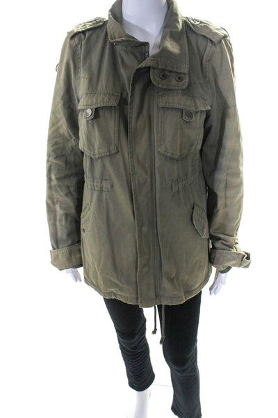 La Rok Luxe Womens Zip Up Collared Pocket Front Jacket Green Cotton Size Small