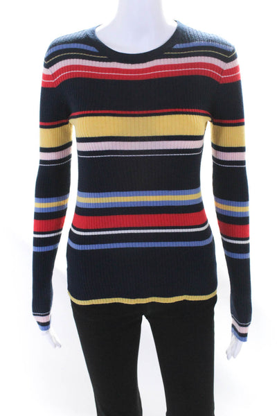 Frame Womens Striped Ribbed Crew Neck Sweater Navy Blue Wool Size Small