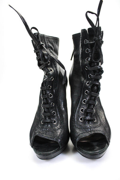 Miu Miu Womens Leather Peep Toe Lace Up Ankle Boot Pumps Black Size 38.5 8.5