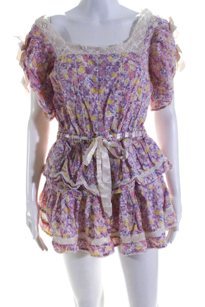 Love Shack Fancy Womens Square Neck Lace Trim Floral Midi Dress Multi Size Small