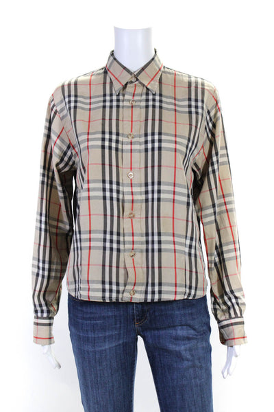 Burberry Womens Cotton Plaid Print Two Tone Button Down Top Beige Size Small