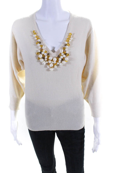 Saks Fifth Avenue Womens Embellished V Neck Sweater Ivory Cashmere Size Medium