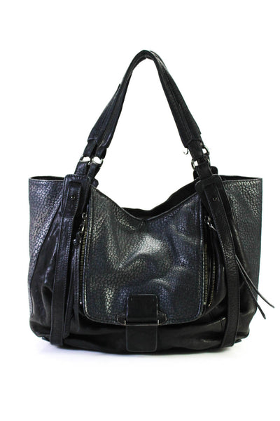 Kooba Womens Leather Zip Front Shoulder Bag Handbag Metallic Blue Black