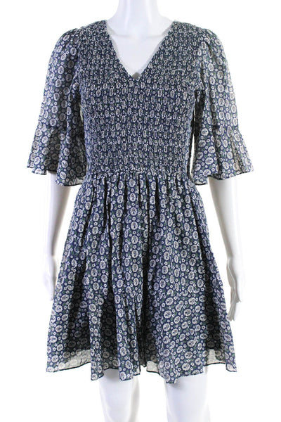 Rebecca Taylor Womens Floral Print V Neck A Line Dress Blue Size Extra Small