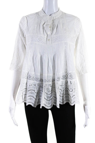 Sea New York Womens 3/4 Sleeve Crew Neck Lace Trim Shirt White Cotton Size 0