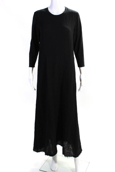 Raquel Allegra Womens Cotton Texture Black Crew Neck A-Line Dress Size 0