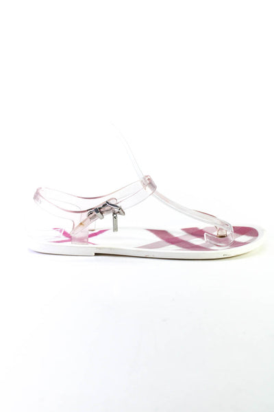Burberry Womens T Strap Clear Gingham Sandals White Pink Size 37