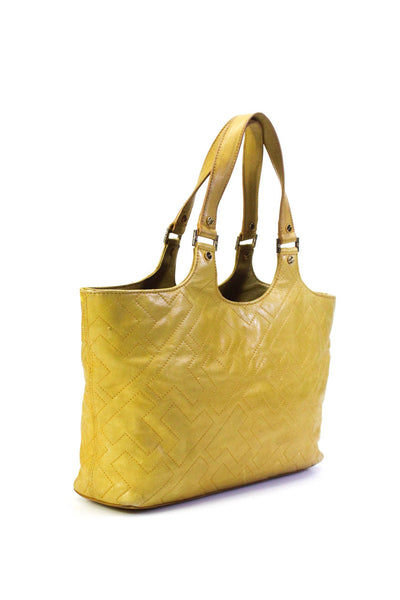 Tory Burch Womens Embroidered T Top Handle Leather Tote Handbag Yellow