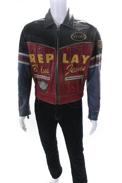 Replay Mens Front Zip Colorblock Logo Leather Jacket Red Black Blue Medium