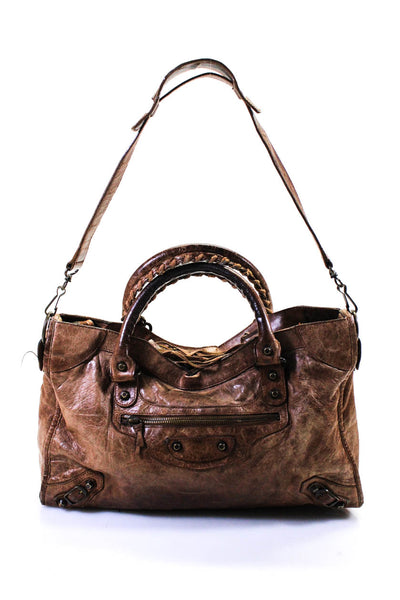 Balenciaga Paris Womens Gold Tone Zip Top Solid Leather Tote Handbag Brown