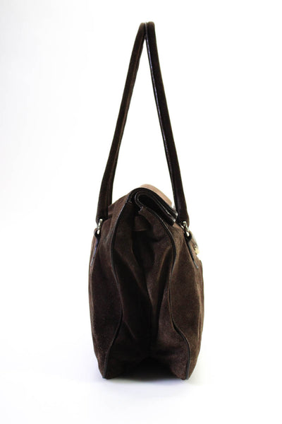 Prada Womens Suede Button Closure 2 Pocket Shoulder Handbag Dark Brown Medium