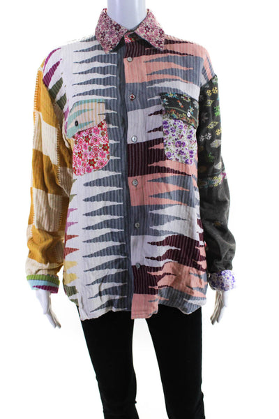 Ikkim'o Womens Abstract Floral Patchwork Button Down Shirt Multicolor Size M