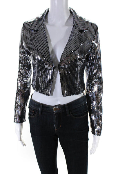 Superdown Women's Collared Sequin Cropped Open Front Jacket Silver Size S