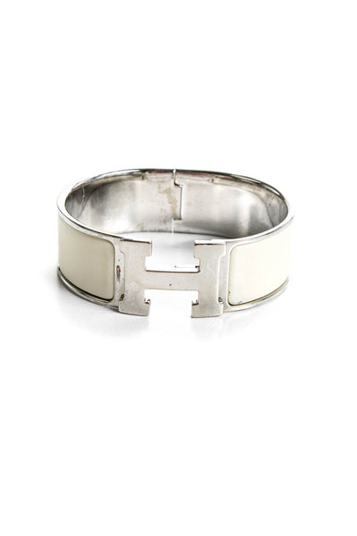 Hermes Womens Wide Clic Clac H Bracelet Craie Palladium Plated   PM