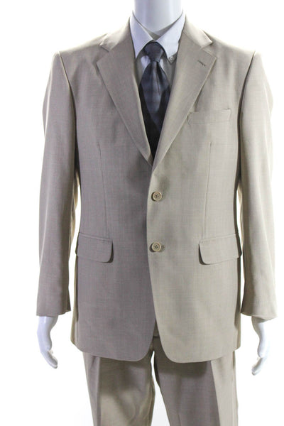 Stafford Mens Two Button Split Hem Blazer Pleated Pants Suit Beige Size 38R