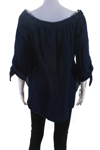 Tibi Womens Off Shoulder 3/4 Sleeve Denim Tunic Blouse Dark Blue Size 4