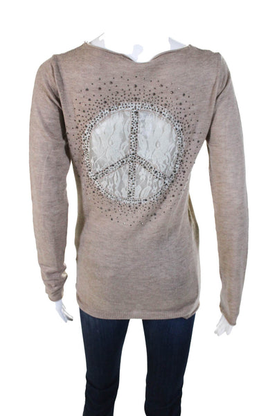 Nicole Womens Wool Blend Peace Sign Floral Lace Embellished Sweater Beige Size M