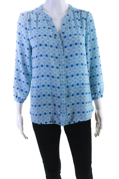 NYDJ Womens Abstract Y Neck 3/4 Sleeve Top Blouse Blue White Size Extra Small