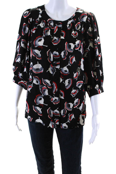 Milly Womens Floral Button Up Puff Sleeve Top Blouse Black Red Gray Size 0