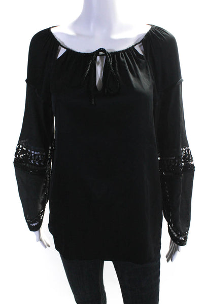 Elie Tahari Womens Braided Beaded Trim V Neck Silk Boxy Shirt Black Size Small