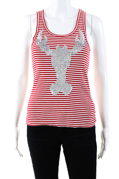 Tory Burch Womens Sequin Lobster Graphic Stripe Tank Red White Size Small