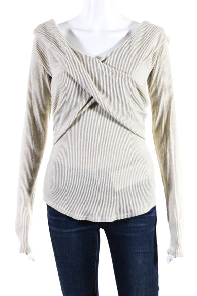 Free People Womens V Neck Tight Rib Knit Ruched Sweater Beige Size PS