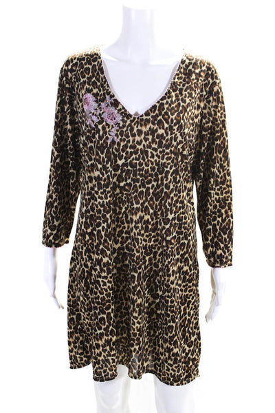 Natori Women's Animal Print Embroidered 3/4 Sleeve Shift Dress Brown Size XL