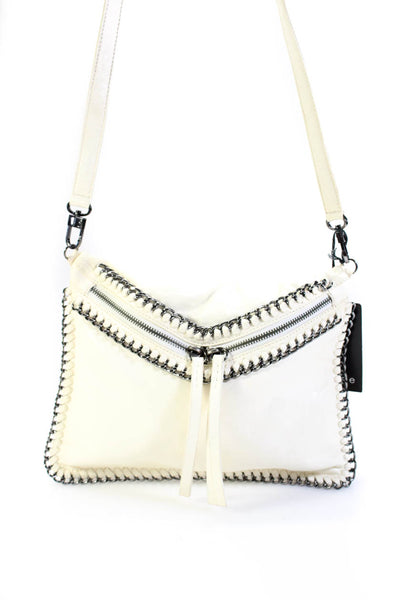 Treesje Womens Leather Whipstitch Chainlink Crossbody Shoulder Handbag White