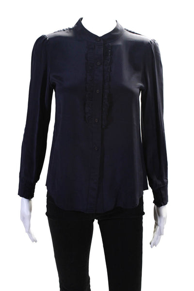 Gilber Gilmore Womens Button Front Long Sleeve Pintuck Silk Shirt Navy Blue XS