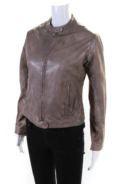 Bully Womens Long Sleeve Front Zip Crew Neck Leather Jacket Brown Size IT 44
