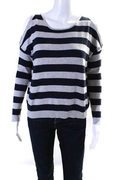 Central Park West Womens Cotton Striped Cold Shoulder Sweater Gray Size XS