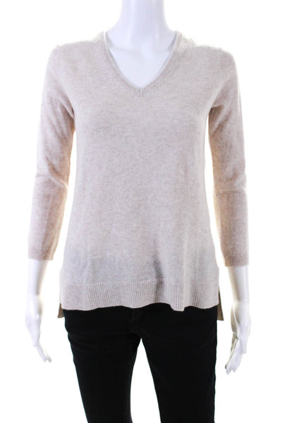 Marled Womens Cashmere V-Neck High Low Long Sleeve Pullover Seater Beige Size XS