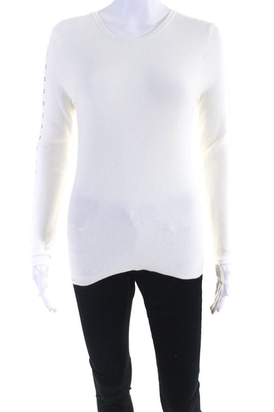 Ramy Brook Women's Lace Up Sleeve Ribbed Pullover Sweater White Size S