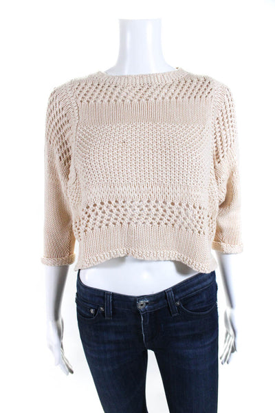 Lovers + Friends Womens Cropped Crewneck Short Sleeve Sweater Top Beige Size XS