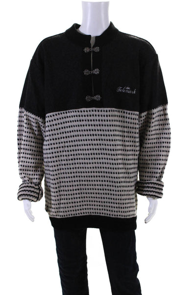 Designer Mens Wool Geometric Print Ribbed Hem Sweater Black White Size XL